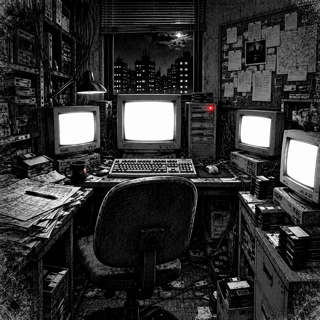 モニターがいくつも光る、1990年代の部屋(イラスト)。