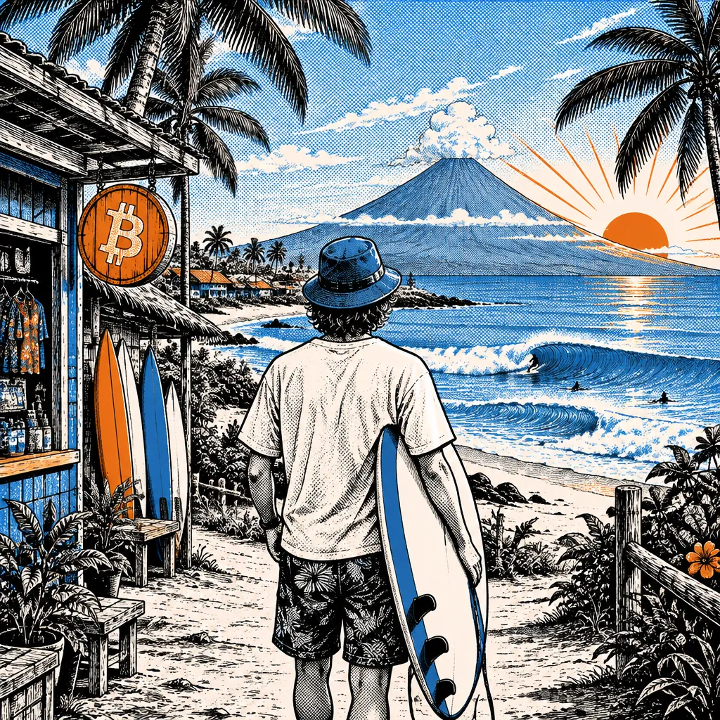 火山とヤシの木が見える、海辺の小さな町。お店にビットコインのマークの看板(イラスト)。